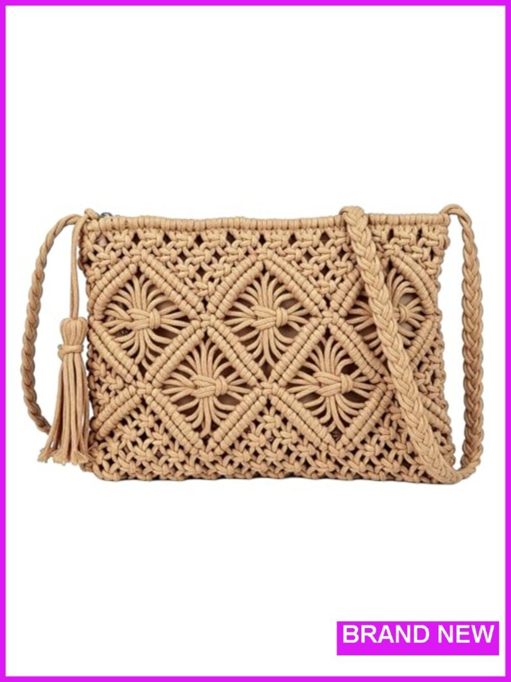 Boho Small Crossbody Bag Summer Beach Purse Hand Woven Crochet with Tassel